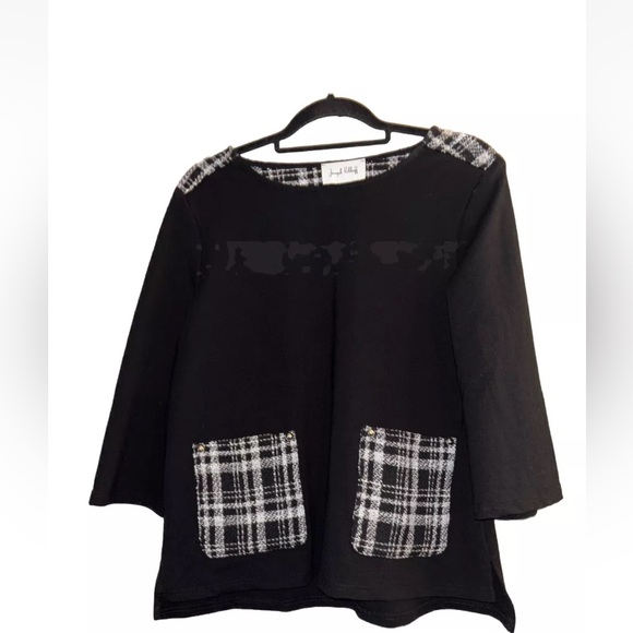 Joseph Ribkoff Black Drop Shoulder 3/4 Sleeves Top Size 10, Plaid Pockets - Picture 2 of 7